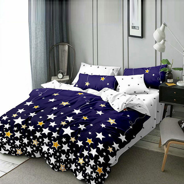 Спално бельо от поликотън – тъмнолилаво с бели и жълти звезди