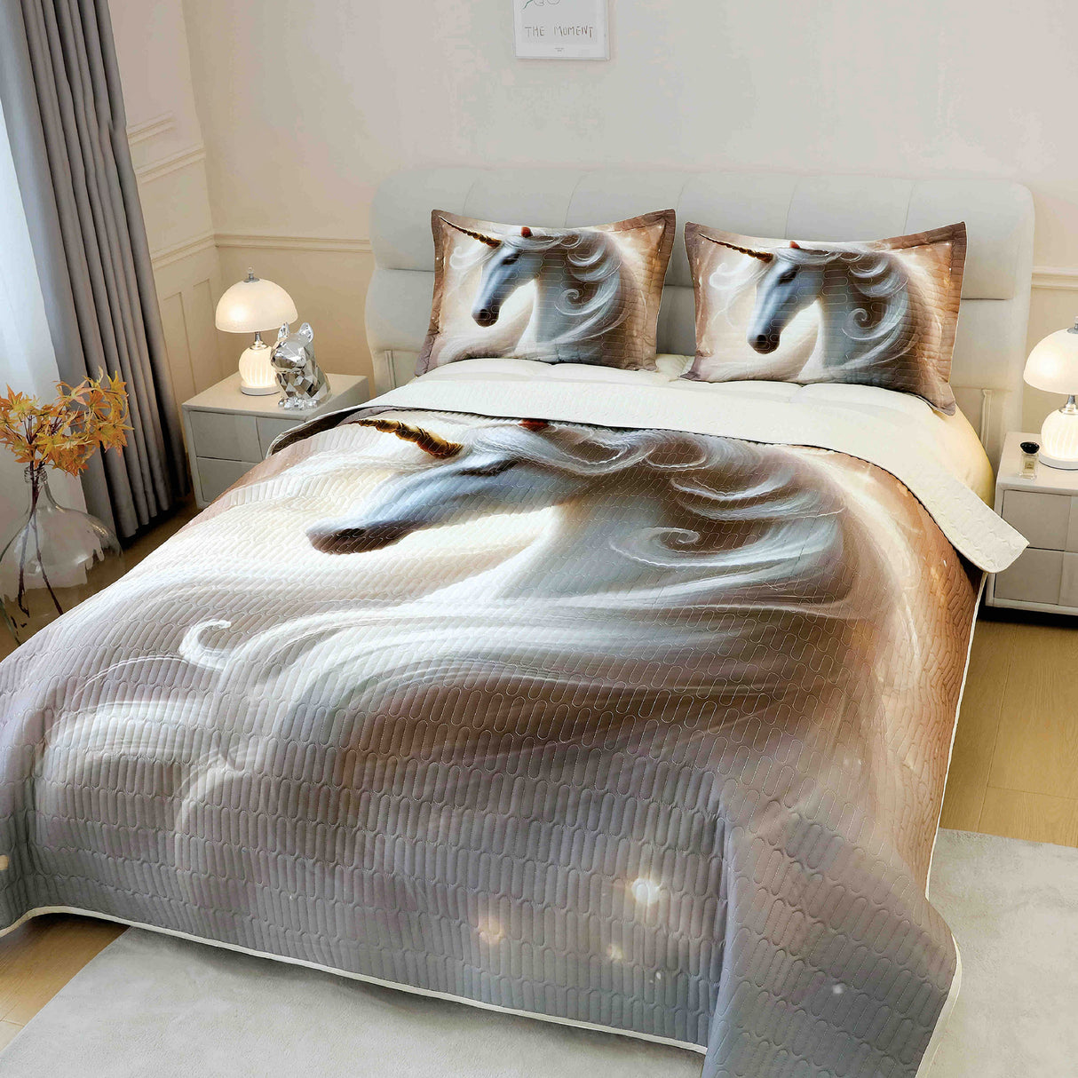 5D кувертюра от 3 части - сива с еднорог