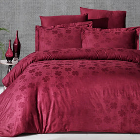 Двоен спален комплект от Жакард Сатен - Clover Dark Red 