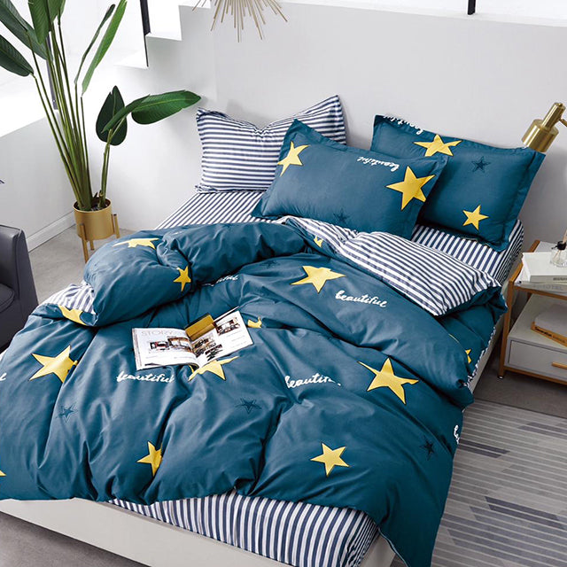 Спално бельо с 2 плика - тъмнозелен цвят със звездички 