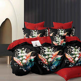 Спално бельо с ластик - черно и червено с цветя