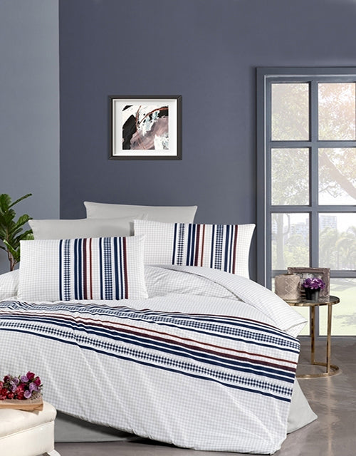 Спално бельо с 2 плика от ранфорс памук – бял фон със сини и червени ивици