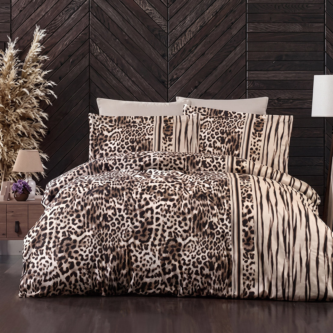 Спално бельо с 2 плика от памучен сатен - Leopard Brown 