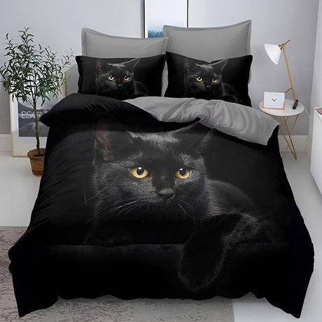 3D Спално бельо от 100% памук – черно с коте