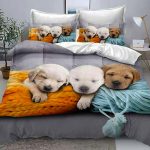 Комплект 3D Спално бельо 100% памук 6 части - Бяло и сиво с малки кученца- S6-115